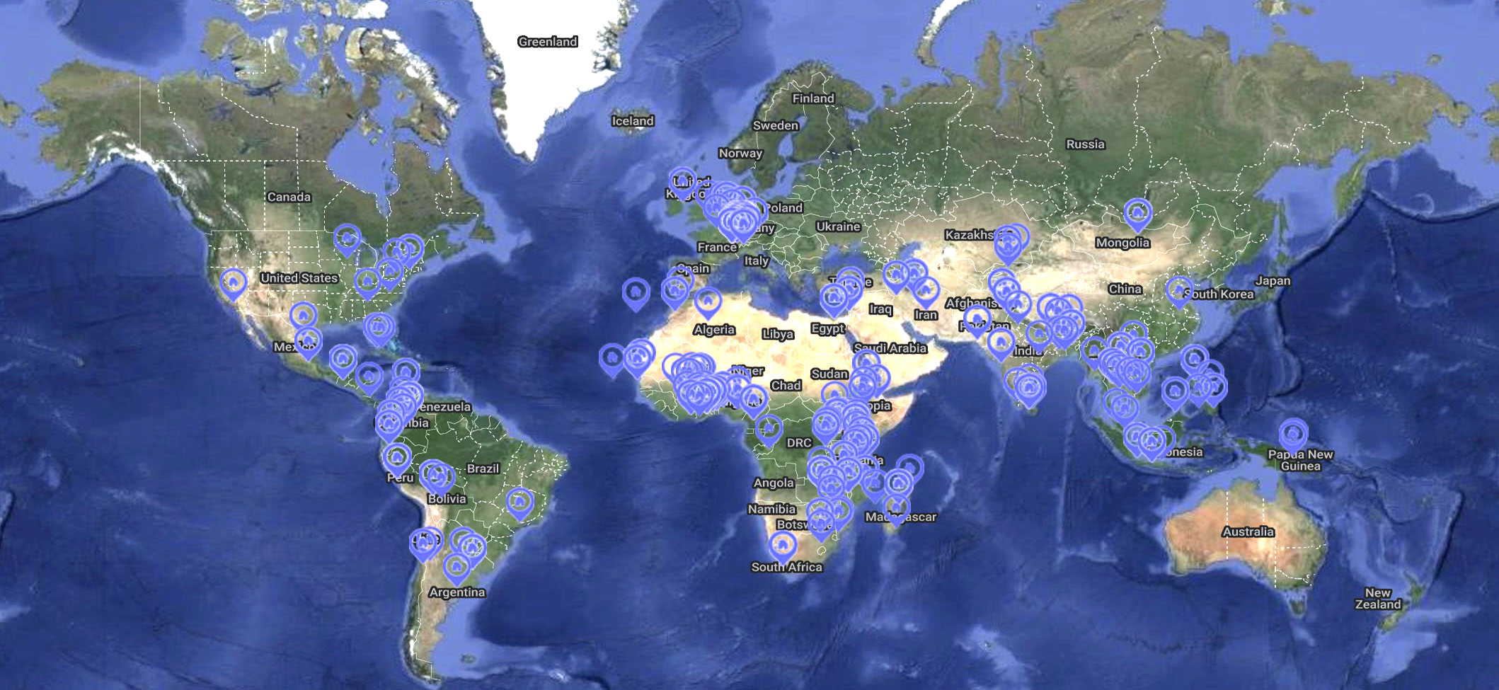 Worldmap with map pins showing all research organizations